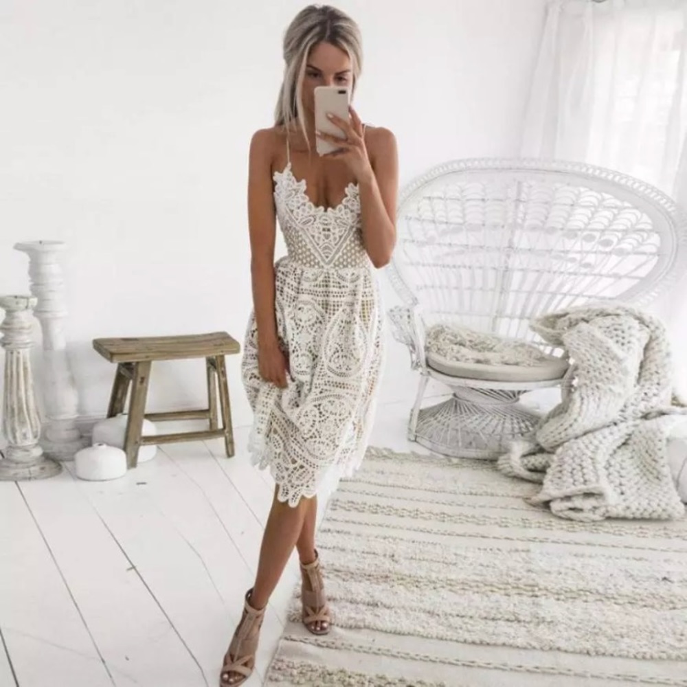 Boho Ivory Crochet Lace Dainty Midi Dress - Picture 2 of 5